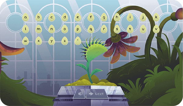 Word game with a venus flytrap under lots of letters above it