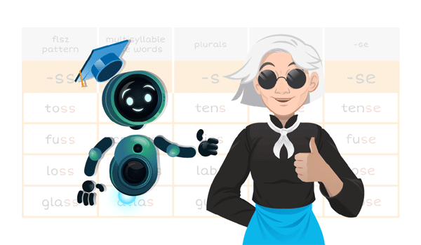 Graphics of a robot with graduation cap next to a woman who is giving a thumbs up.