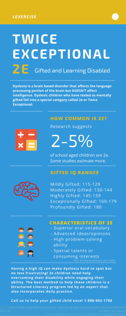 infographic on what 2e dyslexia is and gifted dyslexic characteristics in twice exceptional children