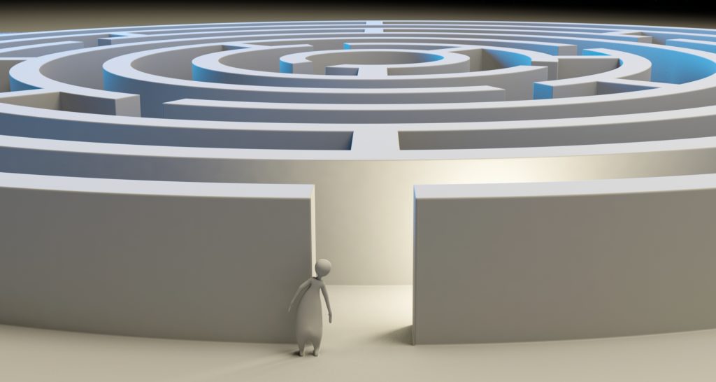 illustration of a maze and a character about to enter it