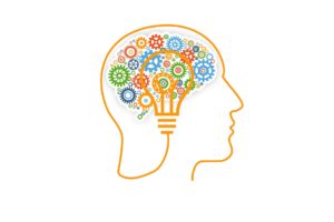 Outline of a head with a lightbulb in the brain with a lot of cog-like graphics surrounding it