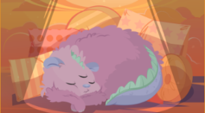 Purple, cat-like creature with three eyes takes a nap near pillows