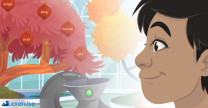 Graphic of boy collecting words from a tree with a futuristic vase-like device