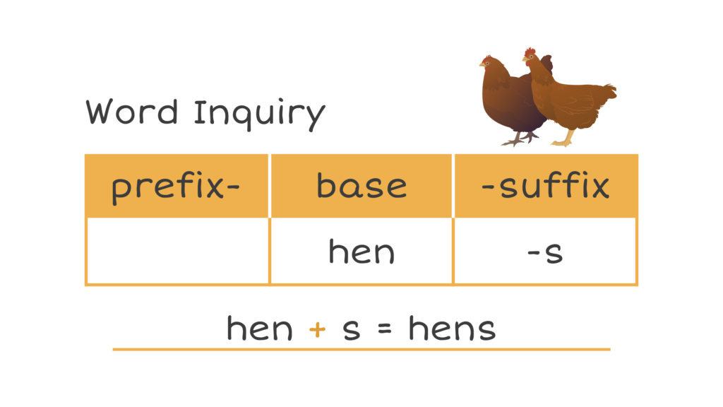 Graphics of hens above a chart breaking down prefix- base, and -suffix of the word hens
