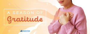 Text reading "A Season of Gratitude" next to a woman with her hands over her heart