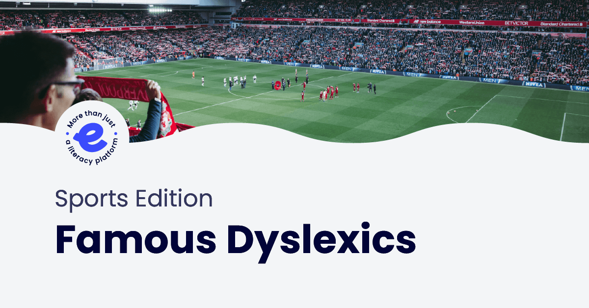 Teams playing soccer in front of a packed stadium with text under reading "Sports Edition Famous Dyslexics"