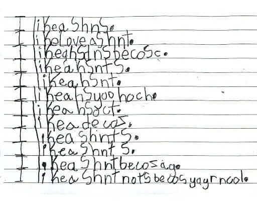 Writing sample from a dyslexic 2nd grader with spelling errors like 'latfit' for 'elephant,' highlighting early signs of dyslexia and need for intervention.